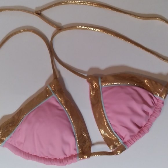 The Bikini Lab Triangle Bikini Swimsuit Top. Pink with Gold trim, size Med NWOT - Picture 1 of 7